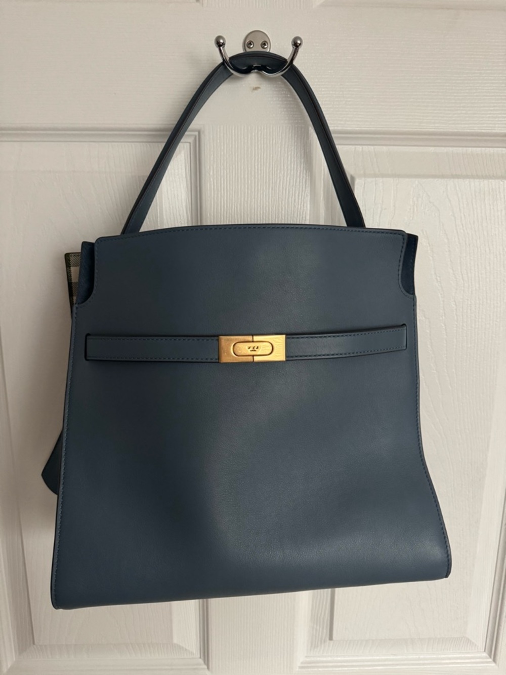 Structured Navy Leather Top-Handle Bag with Gold Hardware